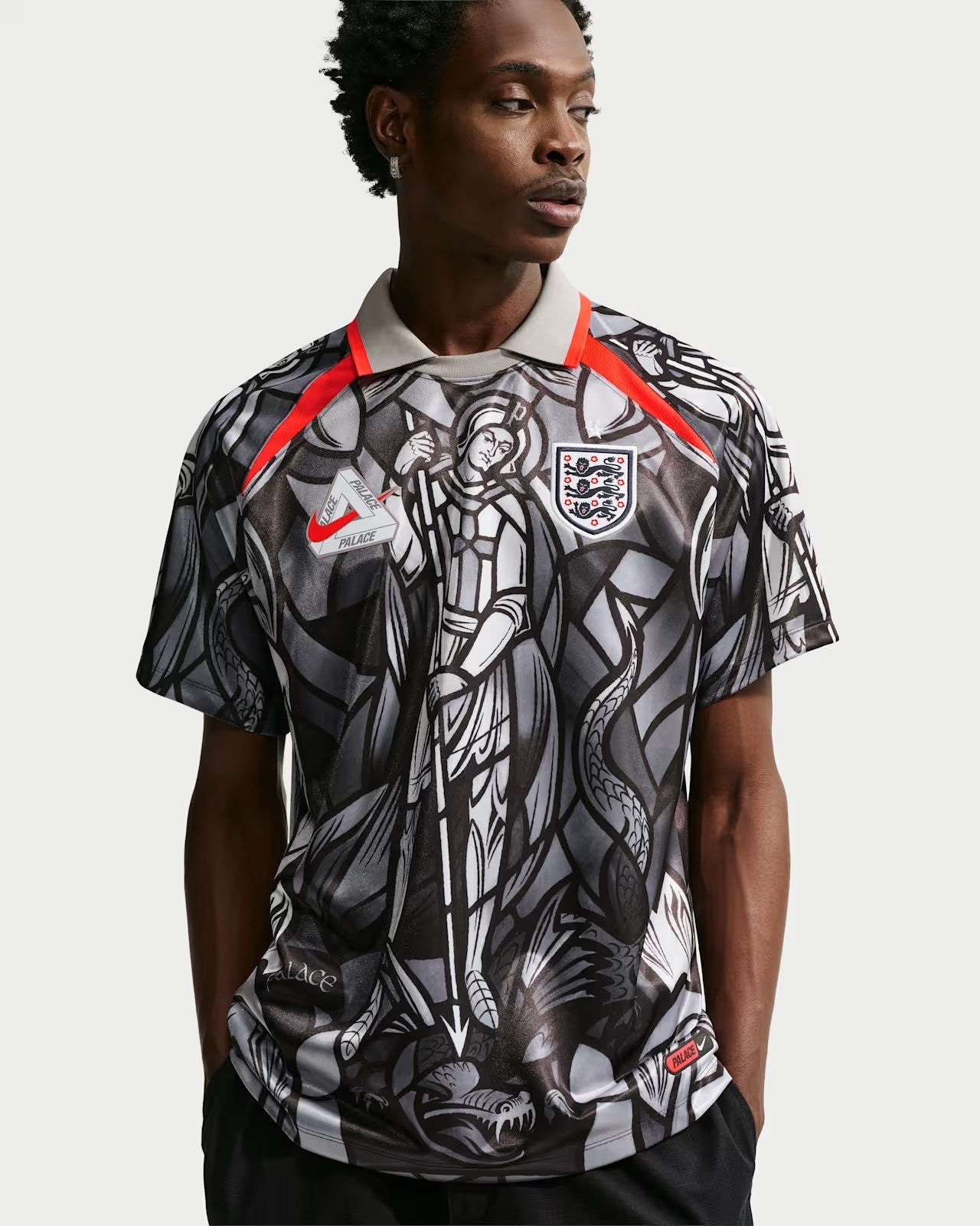 St. George stained glass football shirt with red trim front view