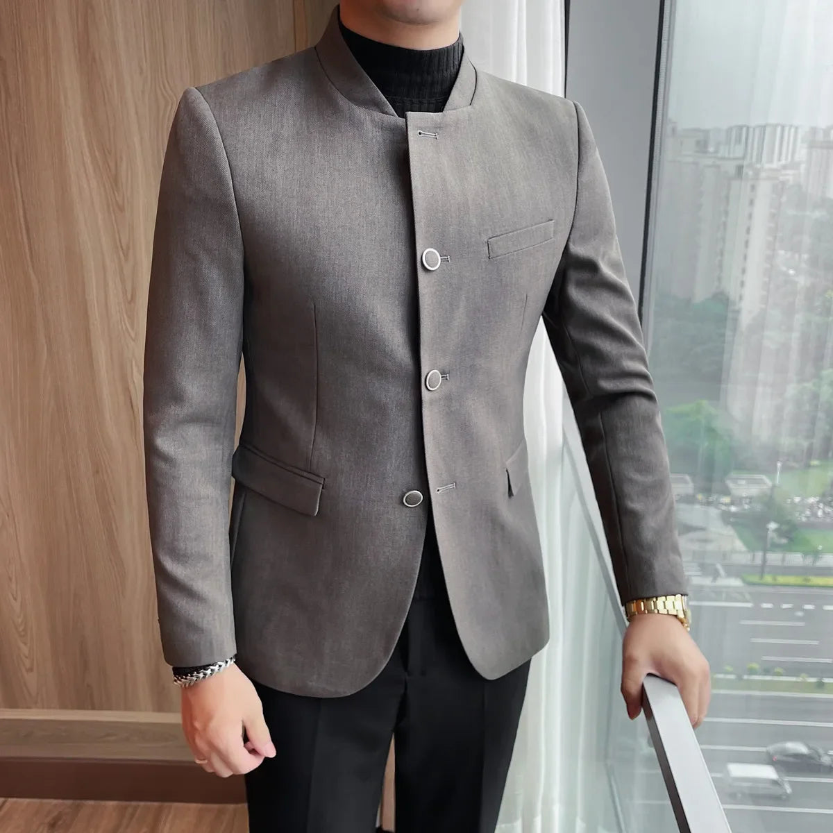 Blazer Stand Collar Tailored - Black