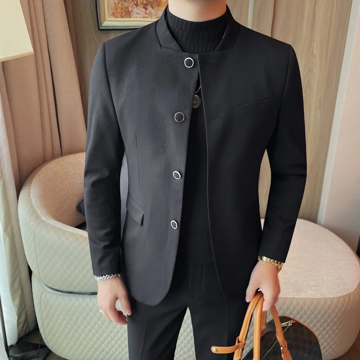 Blazer Stand Collar Tailored - Black