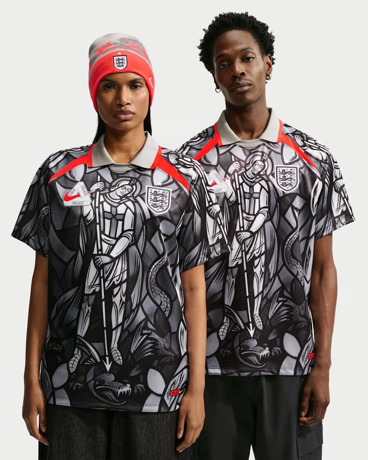 St. George stained glass football shirt with red trim collar